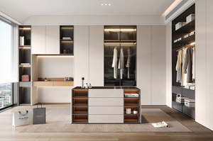 Customed L - shaped Bedroom Closet Whole Set with Light - toned Wooden Lacquer and Glass - fronted Doors
