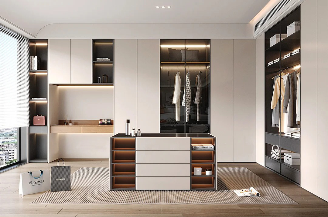 Customed L - shaped Bedroom Closet Whole Set with Light - toned Wooden Lacquer and Glass - fronted Doors