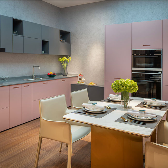 Kitchen Cabinet Melamine Kitchen Cabinet Matt Grey And Pink Lacquer Door Kitchen Cabinet L-Shape Kitchen Closet