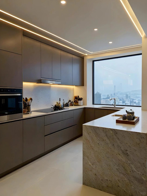 Open - concept Kitchen with Spacious and Practical Dark - grey Cabinets