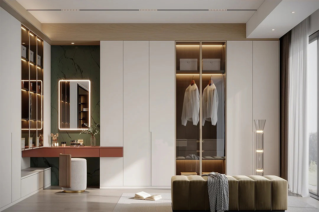Set entero de armario en forma de dormitorio personalizado con laca de madera de color ligera, puertas de vidrio y cajones