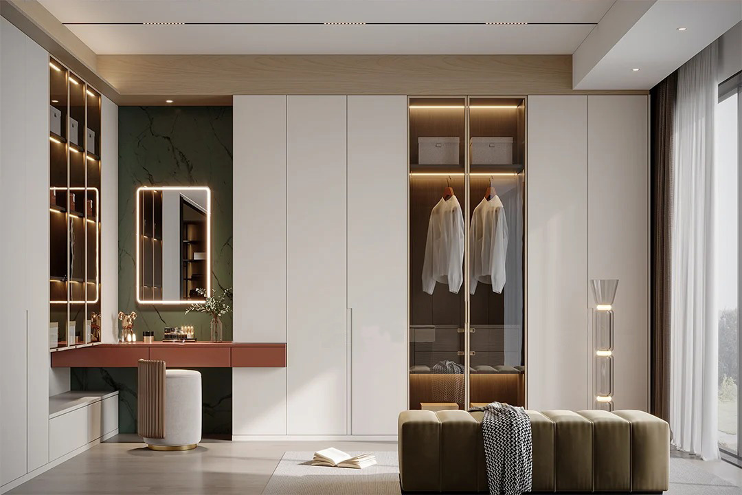 Customed Bedroom L - Shaped Closet Whole Set with Light - Colored Wooden Lacquer, Glass Doors And Drawers