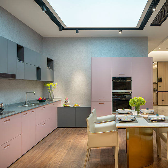 Kitchen Cabinet Melamine Kitchen Cabinet Matt Grey And Pink Lacquer Door Kitchen Cabinet L-Shape Kitchen Closet