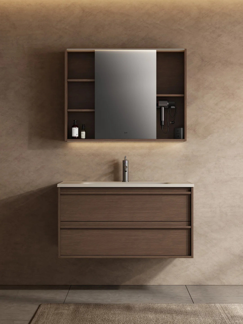 Tocador de baño personalizado conjunto entero con acabado de madera marrón y almacenamiento integrado