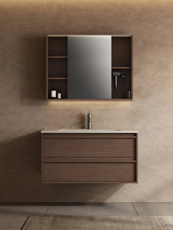 Tocador de baño personalizado conjunto entero con acabado de madera marrón y almacenamiento integrado