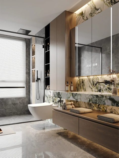 Tocador de baño personalizado conjunto entero con mármol - acabado de efecto y almacenamiento integrado