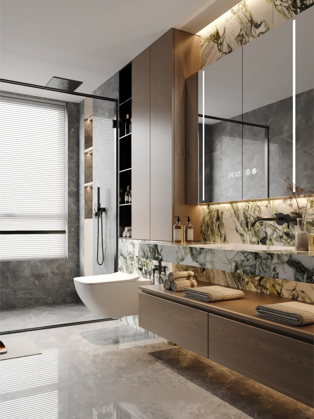 Customed Bathroom Vanity Whole Set with Marbled - Effect Finish And Integrated Storage