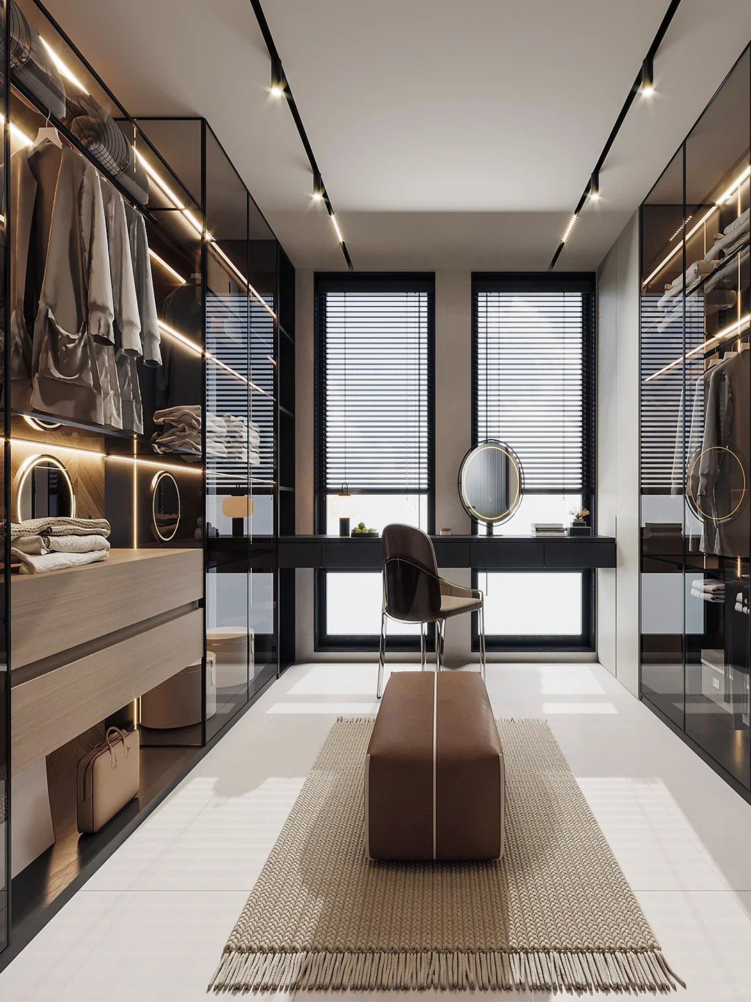 Customed Walk - in Closet Whole Set Light And Dark - Toned Wooden Lacquer Wardrobe with Abundant Storage And Transparent Glass