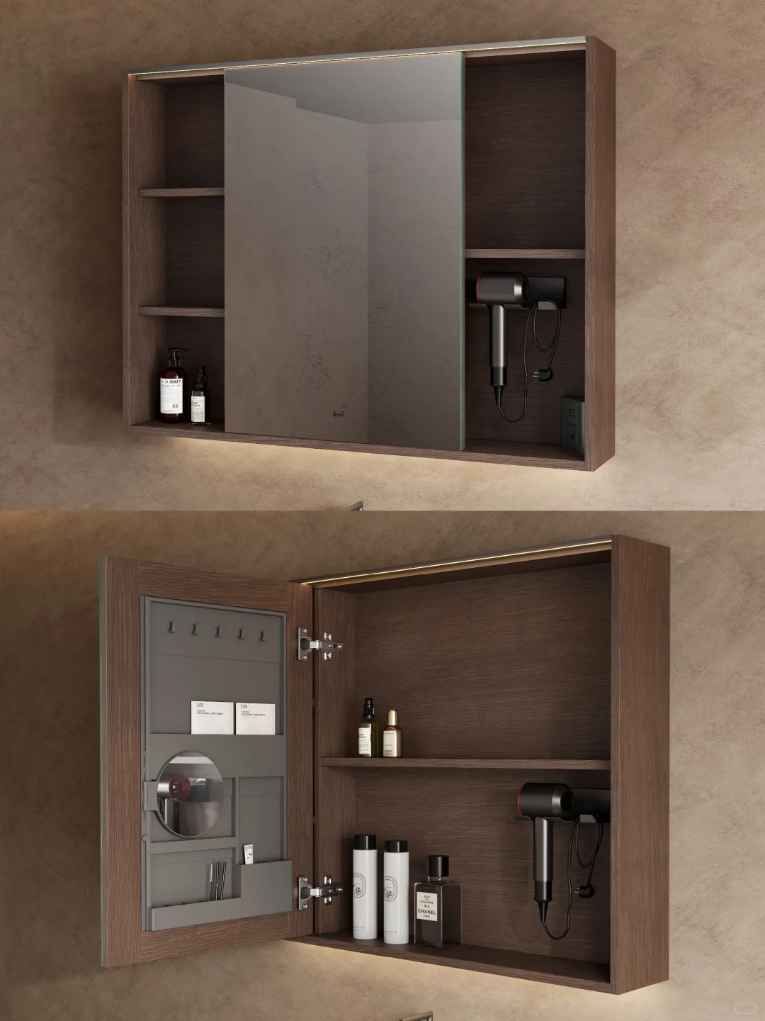 Tocador de baño personalizado conjunto entero con acabado de madera marrón y almacenamiento integrado
