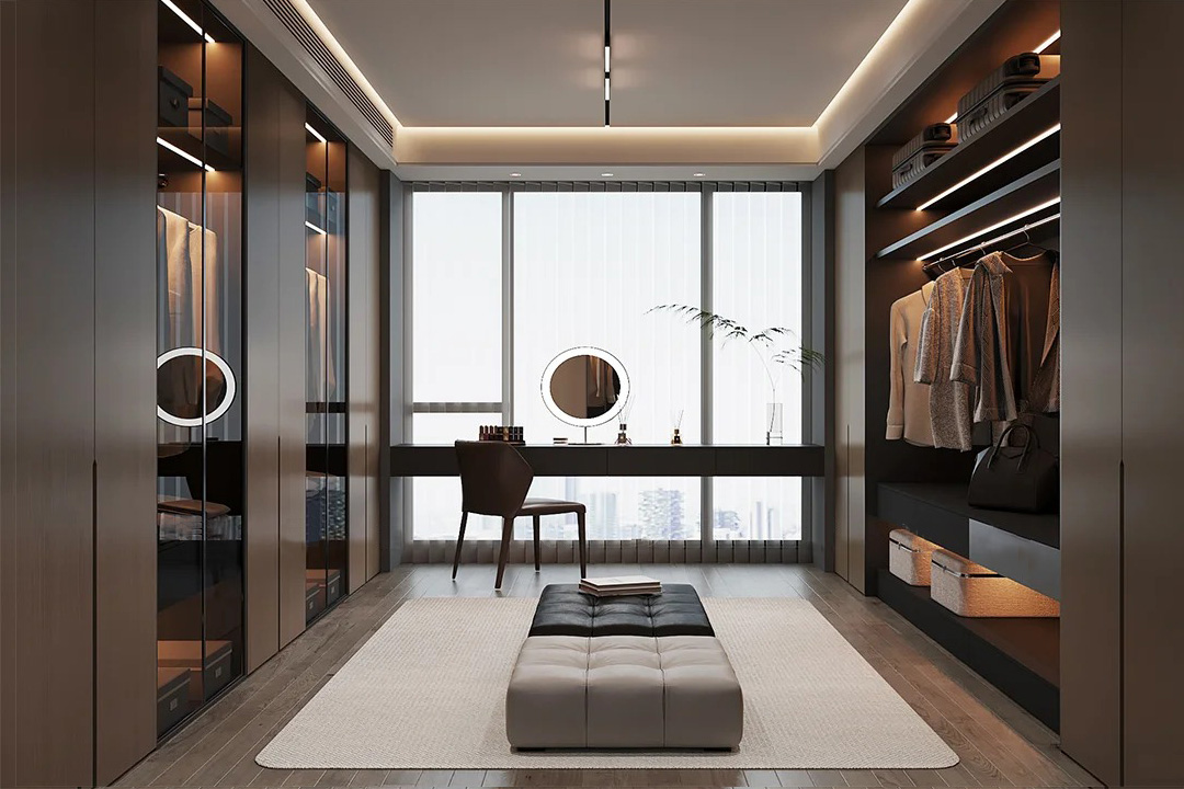 Customed Walk - in Closet Whole Set Dark - toned Wooden Lacquer Wardrobe with Functional Storage