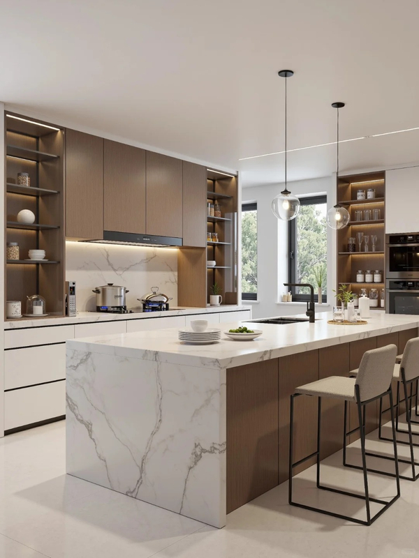 Stylish Open - Plan Kitchen Cabinets with sleek wood - and - marble designs, offering practical storage and enhanced space for modern living