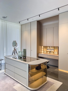 Customed Bedroom Closet Whole Set with Light - toned Wooden Lacquer and Integrated Storage Features