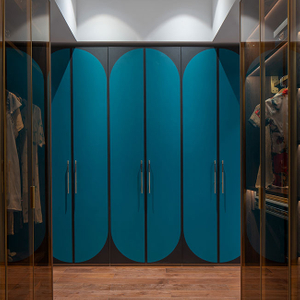 Customed Bedroom Closet Whole Set Dark Blue Wooden Lacquer Wardrobe U Shape Open Wardrobe With Drawers