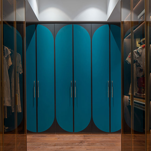 Customed Bedroom Closet Whole Set Dark Blue Wooden Lacquer Wardrobe U Shape Open Wardrobe With Drawers