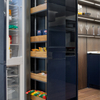 Modern Cabinet for Open Kitchen with Dark Blue High Glossy Lacquer Doors And Wood Grain Laminate Shelf