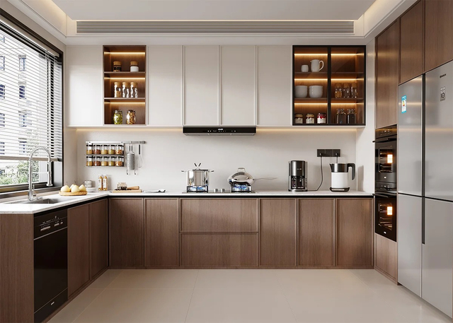 Classic - style L - shaped Kitchen with Elegant, Light - wood Storage Cabinets