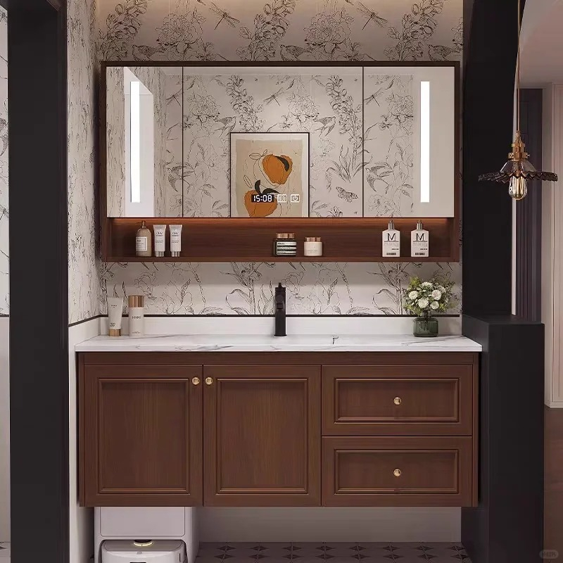 Elegant Walnut - toned Bathroom Vanity with Ample Storage and Integrated Mirror
