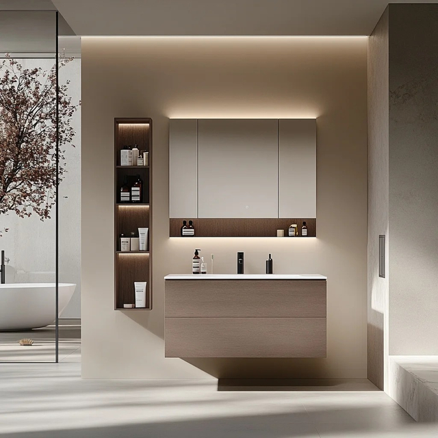 Tocador de baño personalizado conjunto entero con acabado de madera con tonos, almacenamiento integrado y espejo montado en la pared