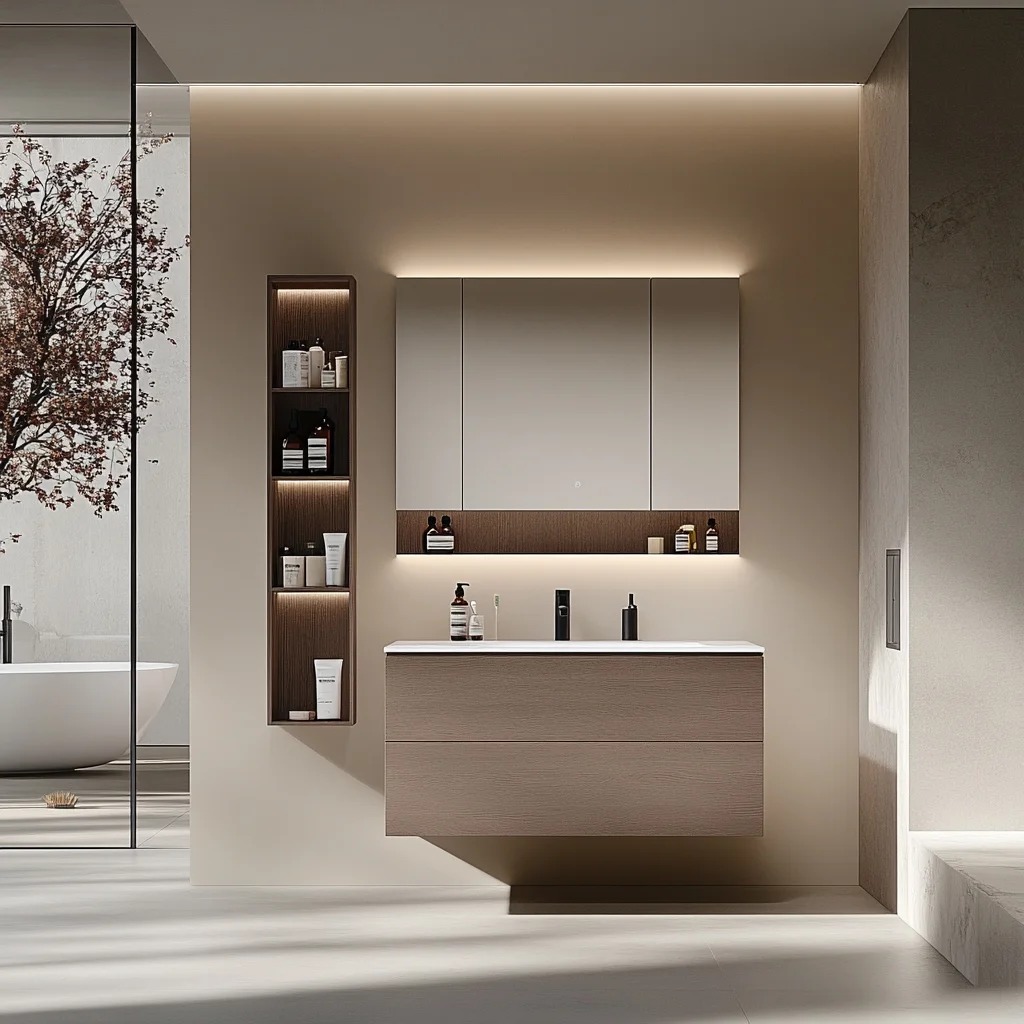 Customed Bathroom Vanity Whole Set with Light - Toned Wooden Finish, Integrated Storage, And Wall - Mounted Mirror