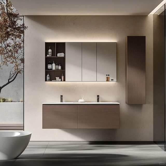 Tocador de baño personalizado entero entero con acabado de madera con tonos y duales - almacenamiento integrado de fregadero