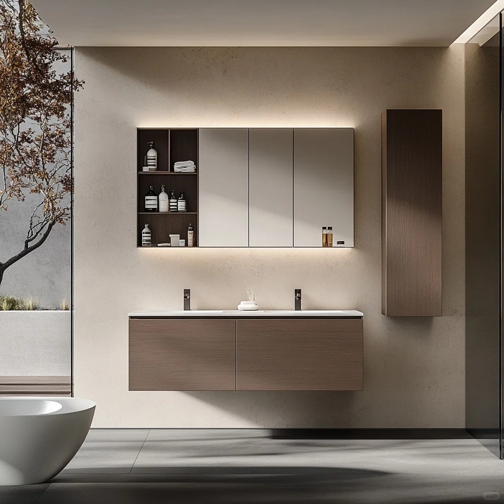 Customed Bathroom Vanity Whole Set with Light - Toned Wood Finish And Dual - Sink Integrated Storage