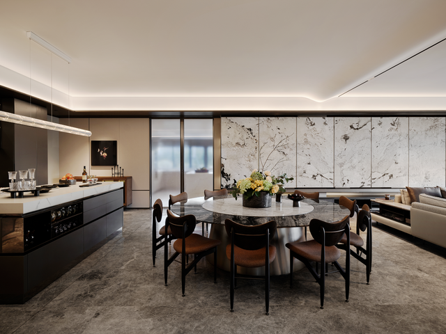 Elegant Dining Room: A Fusion of Style And Function with Island Cabinets And Dining Table