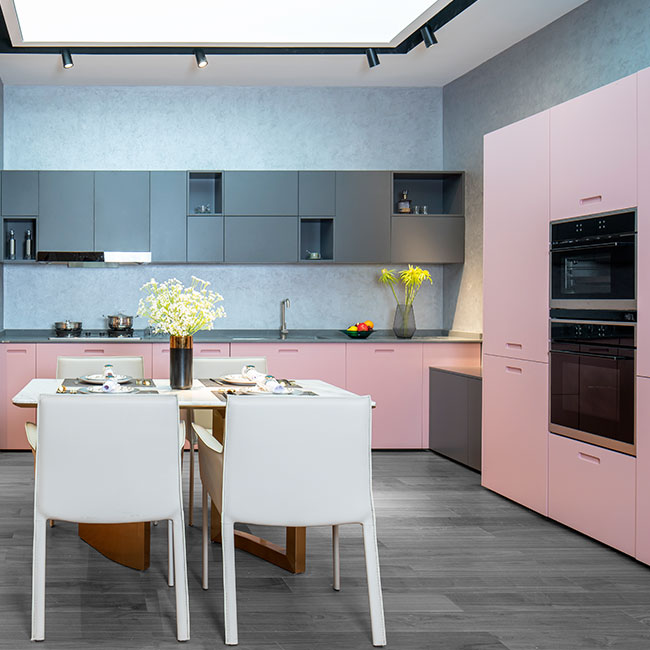 Kitchen Cabinet Melamine Kitchen Cabinet Matt Grey And Pink Lacquer Door Kitchen Cabinet L-Shape Kitchen Closet