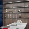 Modern Cabinet for Open Kitchen with Dark Blue High Glossy Lacquer Doors And Wood Grain Laminate Shelf